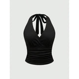 GETADME 26Solid V-neck Backless Halter Crop Top for Women Summer Sexy Y2K Sleeveless Ruched Top Streetwear
