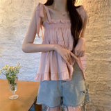GETADME Ruffles Shirts and Blouses Korea Style Solid Fashion Woman Blouse 2025 Spaghetti Strap Top Women Summer Slash Neck Clothes New