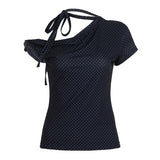 GETADME Sweet Polka Dot Prints T-Shirts Fashion Women Cute Design One-Shoulder Summer Tops Casual Korean Office Lady Commute Slim Tees