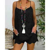 GETADME Women's Cotton Linen Sleeveless 2-Piece Set Hollow Embroidery Ruffled Camisole Tassel Vest Drawstring Shorts Printed Casual Set