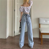 Retro High-Waisted Cross-Strap Straight Jeans Spring and Summer Women's Loose and Thin Sagging Y2K Light Blue Wide-Leg Jeans