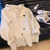 GETADME Gray Hooded Sweater Coat Autumn Winter Double Zipper Long Sleeve Loose Fashion Korean Soft Thickened Knitted Tops Coats