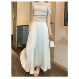 GETADME 프렌치 비니거 실크 스커트 여성용 여름 신상품 하이웨이스트 슬리밍 드레이프 A라인 롱 드레스 슬림핏 테일러드 쉐입