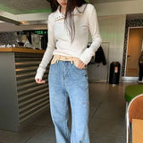 GETADME Y2K High Street Women Sweaters 2025 New Gray White Button Up Bottoming Pullover Woman Slim Fit Long Sleeve Knitted T-Shirt