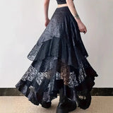 GETADME Gothic Vintage Black Midi Skirt Aesthetics Y2k Lace Irregular Skirt French Style Elegant Casual Skirt Woman Design Chic