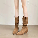 GETADME Women Western Cowboy Boots 2025 Autumn Suede Leather Ladies Shoe Elegant Slip on Mid Calf Booties Vintage Thick Heel Pointed Toe