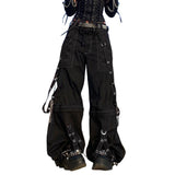 GETADME Women Fall Winter Cargo Jeans Striped Zipper Button Closure Loose Casual Trousers Streetwear with Pockets