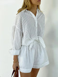 GETADME Wolfeel Casual Shorts Sets Striped Jacquard 2 Pieces Cozy Lapel Lantern Sleeve Shirt Summer Outfit Elastic Waist Shorts Suits