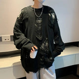 GETADME Long Sleeve Sweater Streetwear Men's Sweater Hip Hop Style Ripped Two-piece Design Knitted Round Neck Soft Warm Fall/winter