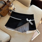 GETADME 스위트 레이스 패치워크 여성 스커트 여름 일본식 카와이 리본 미니 스커트 패션 로우 웨이스트 프레피 슬릿 A라인 스커트 신상품