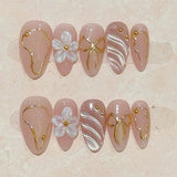 GETADME 10Pcs Nude Pink Press on Nail Gold Stripe Bow Design Stick-on Nail Set Reusable Short Almond 3D Flora White French Acrylic Nails