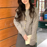 GETADME 2025 Vintage Long Sleeve Cardigan Women Sweater O-neck Elegant Knitted Top Fashion Autumn Grey Knitwear