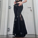 GETADME Women Gothic Flare Pants Sexy Black Lace Patchwork High Waist Vintage Harajuku Hippie Punk Grunge Streetwear Female Y2k Pants