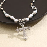 Getadme-Y2K Pearl Cross Pendant Necklace Hip Hop Retro Women Religious Zircon Chain Necklaces Girls Punk Party Trendy Jewelry Gifts