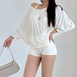 GETADME Solid Oversized T-shirt for Women's Casual Loose Tops Fashion Bat Sleeves Simple Sexy Off Shoulder Korean Baggy T shirts Autumn