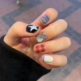 GETADME 10pcs Short Oval Shaped Press-On Nails - Color Block Stripes & Star Designs Glossy Mix-and-Match False Nails for Women and Girls