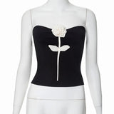 GETADME New Chic Strapless Ribbed Patchwork White Flower Appliques Decorative Skinny Tank Top Summer Hot Sexy Ladies Evening Party Vests