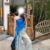 GETADME Blue Irregular Shoulder Strapless Top Women's Summer Korean Style Hot Girl Slim Fit Beautiful Top Commute Style Outerwear