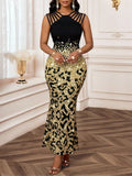 GETADME Elegant Leopard Print Sequin Fishtail Dress for Women, Black & Gold, Sleeveless, Party Evening Wear