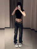 GETADME American Personalized Gold Wing Embroidered Jeans Children's 2025 Spring Hot Girl Design Sense Low Waist Micro Flared Pants