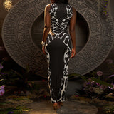GETADME 2025 Summer Aesthetic Snake Printing Long Dress Sleeveless Hollow Out Slimming Fit Women Midnight Club Fashion Vestidos
