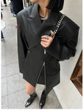 GETADME UNXX Custom Design Zipper Diagonal Button PU Leather Jacket for Women 2025 Autumn Loose Mid-Length Blazer Female Office Lady Top