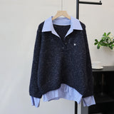 GETADME Pullovers Women Sweaters Two Fakes Turn Down Collar Full Sleeve Y2k Streetwear Elegant Splice Knit Striped Autumn Winter 2025