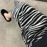 Getadme-Autumn and Winter New Mid-length Zebra Knit Skirt Women's High Waist Thickened A-line One-step Skirt Bag Hip Skirt
