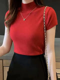 GETADME Women's Half-High Neck T-Shirt Fashion Jumper Casual Tops Korean Style Elegant Solid-Coloured Clothing Spring And Summer Season