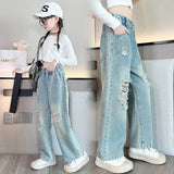 Spring Autumn Teenage Girls Denim Wide Leg Pants Children Straight Ripped Trousers Medium Girls Loose Breathable Solid Jeans