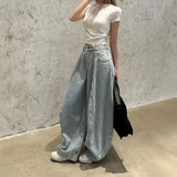 GETADME American Washed Loose Wide Leg Knife Edge Jeans Women's Spring Autumn New High Waist Loose Slimming Floor Length Pants