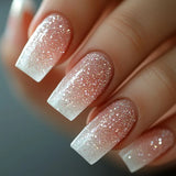 GETADME 24Pcs Short Square Coffin False Nails Square Fake Nails with Glue French Glitter Wearable Acrylic Nails Set Press on Nail Tips