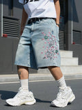 GETADME Men's Light Blue Cherry Blossom Embroidered Denim Shorts, Loose Wide-Leg Streetwear Trendy Denim Capris