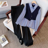 Getadme Spring and Autumn Outfits Women's New Stripe Fashion Fake Two Piece Polo Neck Shirt High Waist Casual Pants Two Piece Suit