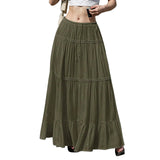 GETADME Women's Flowy Skirts Fashion Flared Ruffle Hem A Line Maxi Skirts Elastic Waist Elegant Tiered Layer Simple Solid Long Skirts