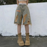 GETADME Women Vintage Hole Denim Shorts Y2K Hip Hop High Street Jeans Shorts Bf Summer Baggy All Match Wide Leg Short Pants
