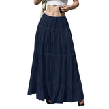 GETADME Women's Flowy Skirts Fashion Flared Ruffle Hem A Line Maxi Skirts Elastic Waist Elegant Tiered Layer Simple Solid Long Skirts