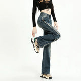 GETADME Cotton Wide-leg Women's Baggy Jeans High Waist Distressed Vintage Blue Raw Edge Splicing Y2K Pants Fashion Streetwear Autumn