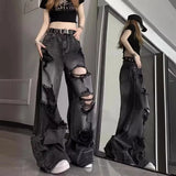 GETADME Unique Cool Ripped Jeans Women's Summer Distressed American Style Bell Bottoms Loose Fit Versatile Straight Leg Long Pants