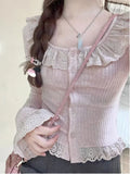Getadme Winter Kawaii Lolita Blouse Women Lace Knit Korean Elegant Blouse Female Long Sleeve Japanese Casual Designer Tops New