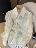 GETADME Spring Summer Long Sleeve Sequins Petals Applique White Beige Mesh Shirts and Blouses For Women Sexy See- through Tops