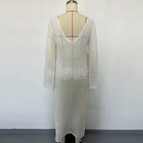 GETADME Sexy Women White Long Knit Sleeve Bikin Fashion Cover Up Female See-Through Deep V-Neck Hollow-Out Beach Knitwear Backless Dress