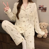 GETADME Young Girl Cherry Cartoon Pyjamas for Women Spring New Arrival Collar Cardigan Casual Comfortable Loose-Fit Homewear Set
