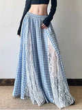 GETADME Lace Patchwork Plaid Long Skirts Women Vintage Loose Sexy A Line Skirt French Retro Elegant Lady Design Sweet Casual Skirt