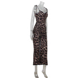 GETADME Women's Trend Low Cut Spaghetti Strap Lace Up Leopard Print Ruched Split Party Maxi Dress Slim Club Holiday Casual Long Vestidos