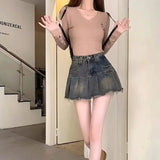 GETADME Vintage Fringe Design Slimming High-waisted Denim Skirt Women's Mini Dress Plenty Wrinkles For Summer