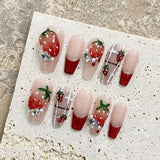 GETADME Handmade Press on Nails 3D Sweet Strawberry Crystal Design Fake Nails Shiny Red French Long Ballet Coffin False Nail Tips 10pcs