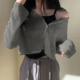 Gilets tricotés à manches courtes et col en V, col simple boutonnage, gris clair, style vintage américain, pour femme, collection automne-hiver.