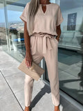 GETADME Jumpsuit Women 2025 Solid Color Short Sleeve V-neck Pocket Lace-up Pencil Long Pants Jumpsuits Summer Outfits Bodysuits