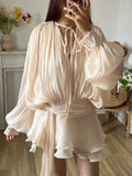 GETADME TWOTWINSTYLE Solid Blouse Mini Dresses For Women V Neck Long Sleeve Spliced Lace Up Sweet Style Dress Female Clothing Fashion